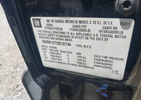 2002 Chevrolet Avalanche 1500 from USA, damaged, VIN 3GNEK13T72G107144